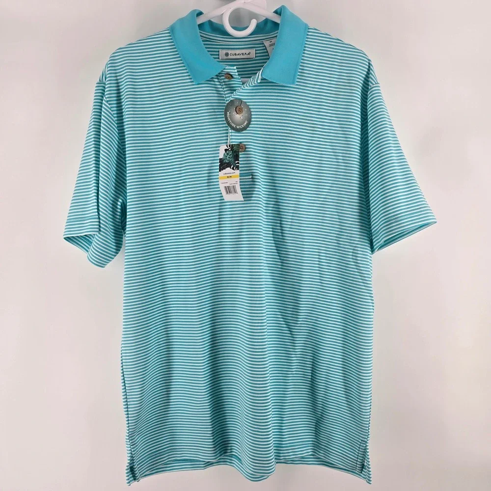 Cubavera Polo Shirt Mens Medium Blue Curacao Striped Moisture Wicking